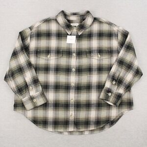 American Eagle Flannel Shirt Womens Size XXL Gray Black Plaid Button-Up NEW